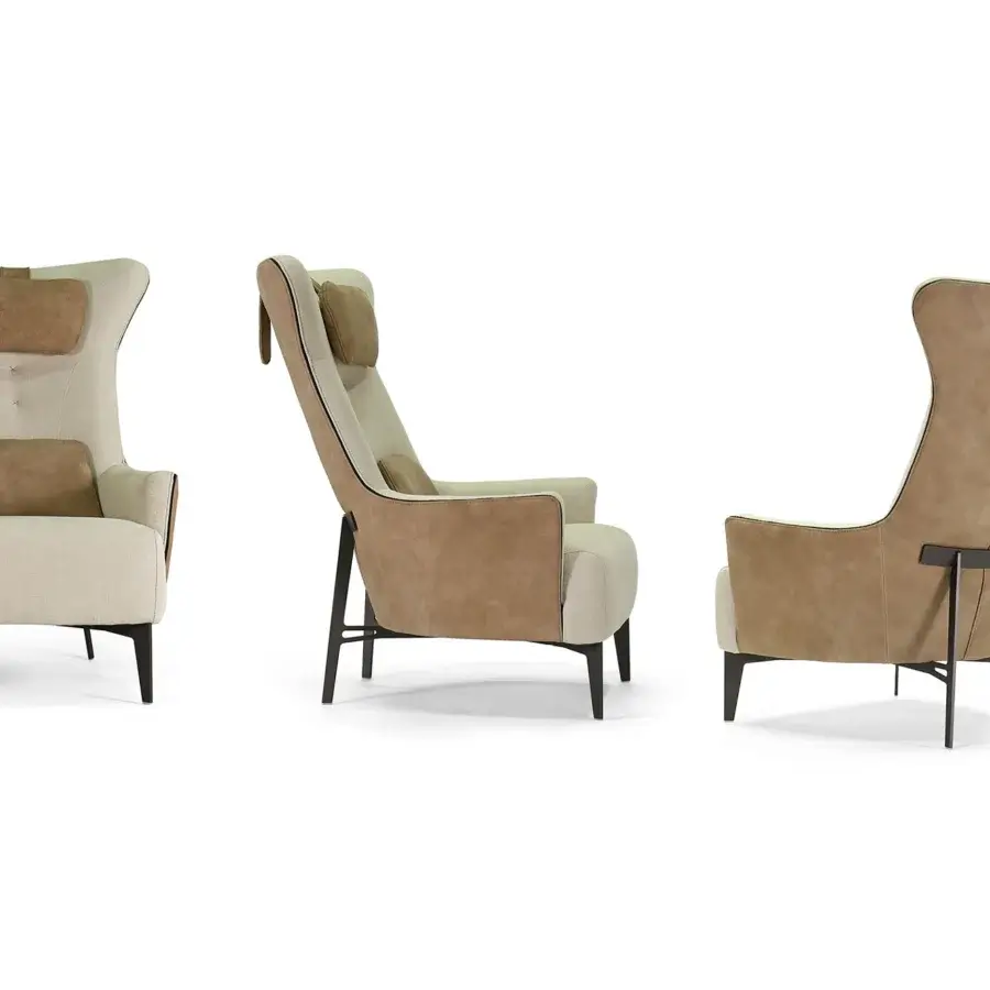 Superior Borzalino Mia lounge chair with cream textile and tan leather upholstery, built with a powder coated metal base