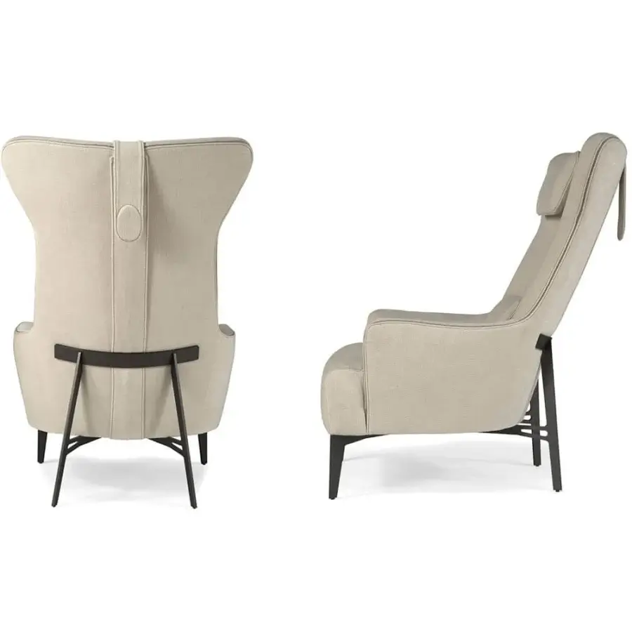 Distinguished Borzalino Mia lounge chair with light beige textile and dark matte lacquered metal legs
