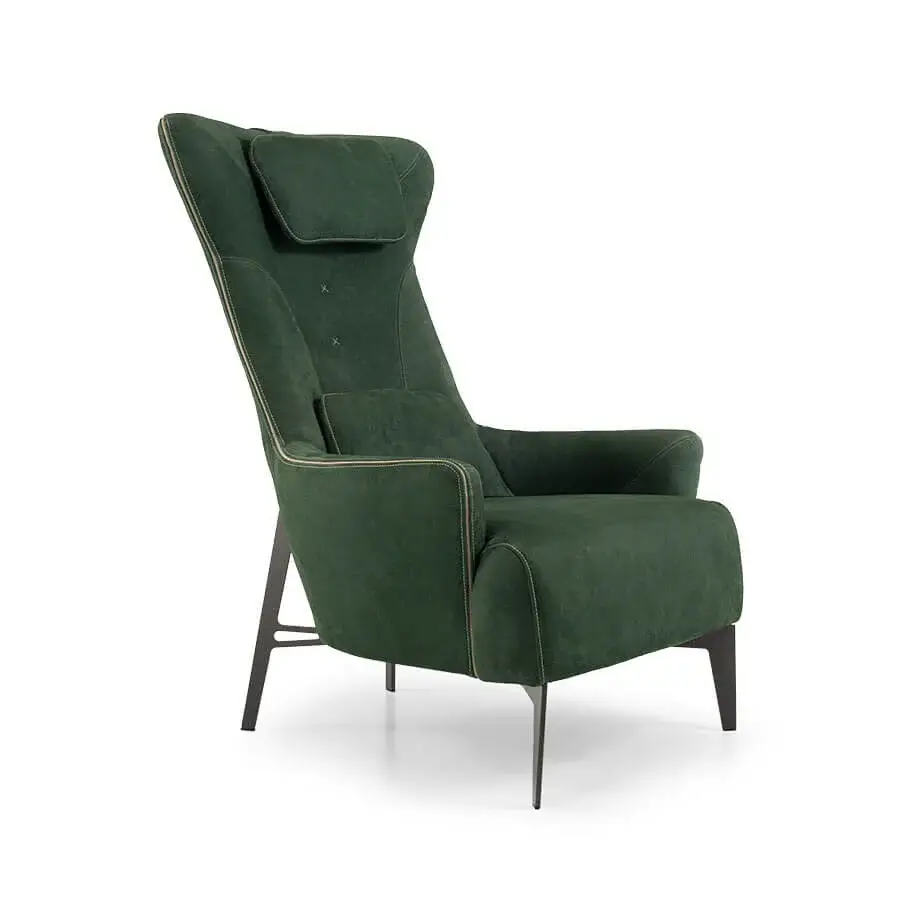Exceptional Borzalino Mia lounge chair upholstered in deep green textile with a dark matte lacquered metal base and gros-grain detailing