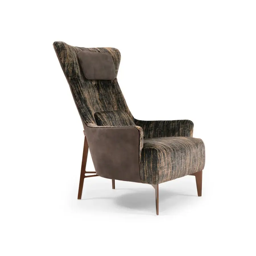 Distinguished Borzalino Mia lounge chair upholstered in striped brown and black textile with dark brown leather and matte lacquered metal base