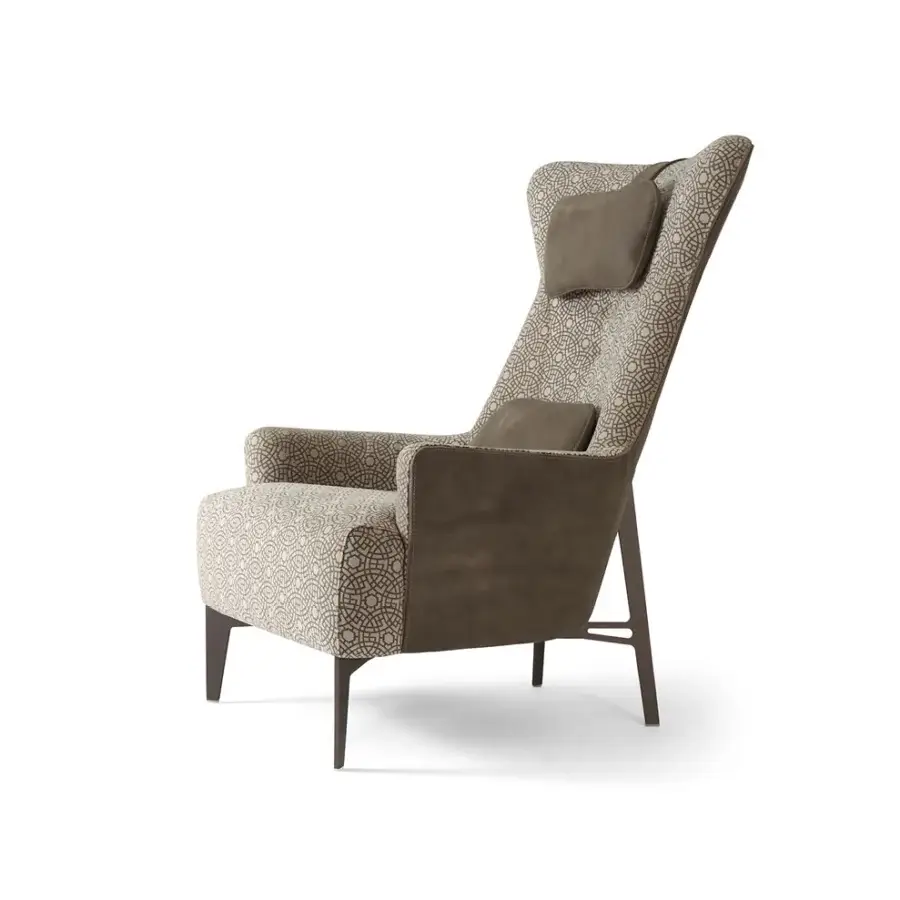 Sophisticated Borzalino Mia lounge chair upholstered in patterned fabric with dark textile panels and a lacquered metal base