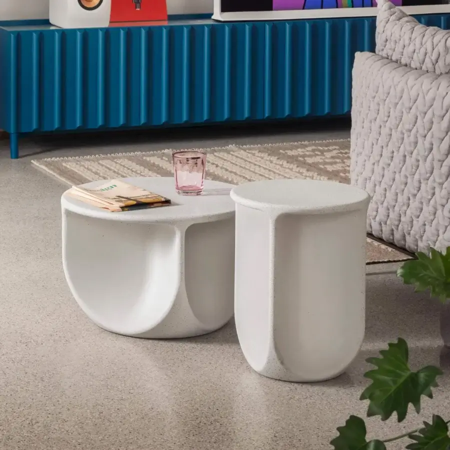 Exclusive Miniforms Pinto coffee table with geometric forms and speckled matte white composite material crafted for indoor or outdoor use