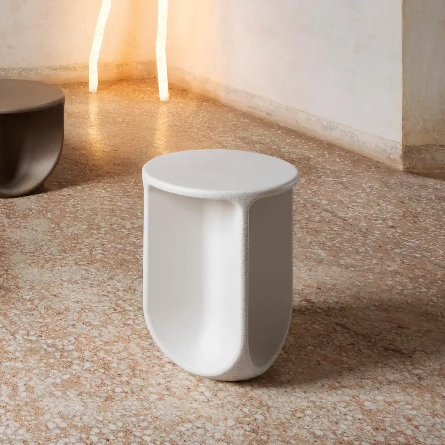 Distinguished Miniforms Pinto side table crafted in white with a U-shaped cutout and matte finish