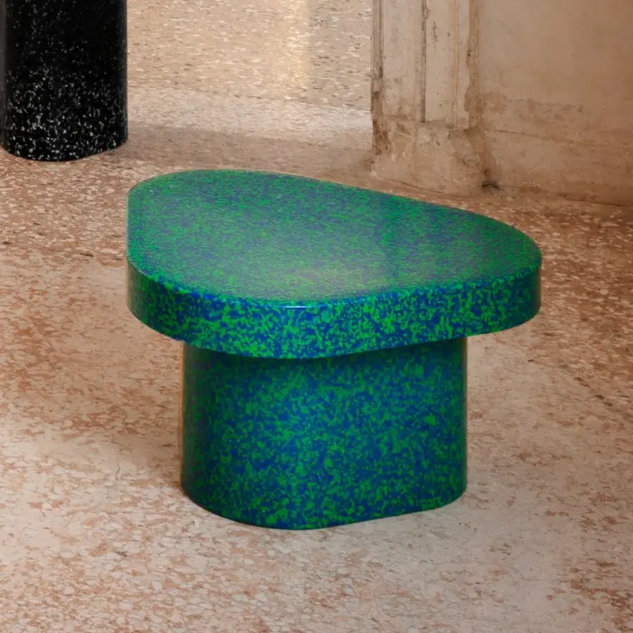 Exceptional Miniforms Superpop coffee table in vibrant speckled green and blue recycled polyethylene with glossy finish