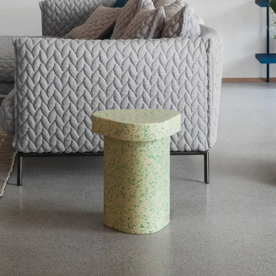 Distinguished Miniforms Superpop side table in pale yellow and green recycled polyethylene with geometric form