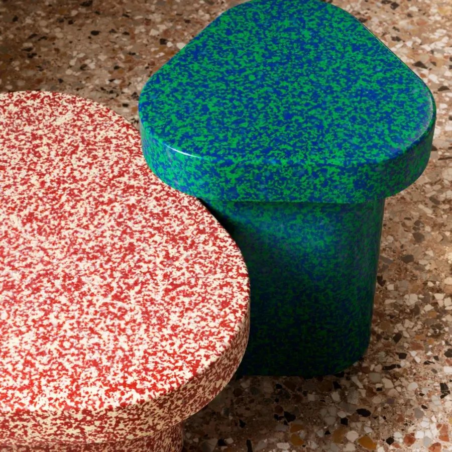 Distinguished Miniforms Superpop side table with speckled red and white recycled polyethylene finish embodies a circular approach