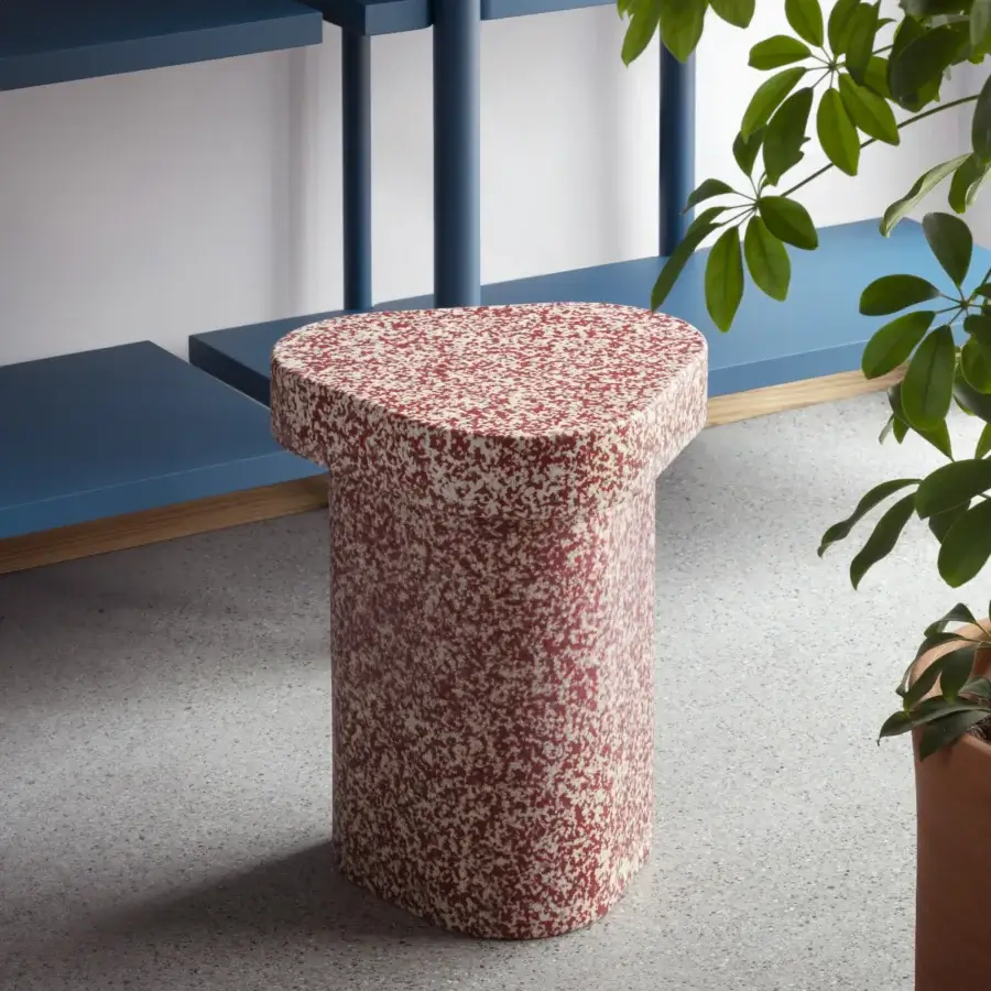Superior Miniforms Superpop side table crafted with speckled terracotta red and cream recycled polyethylene finish