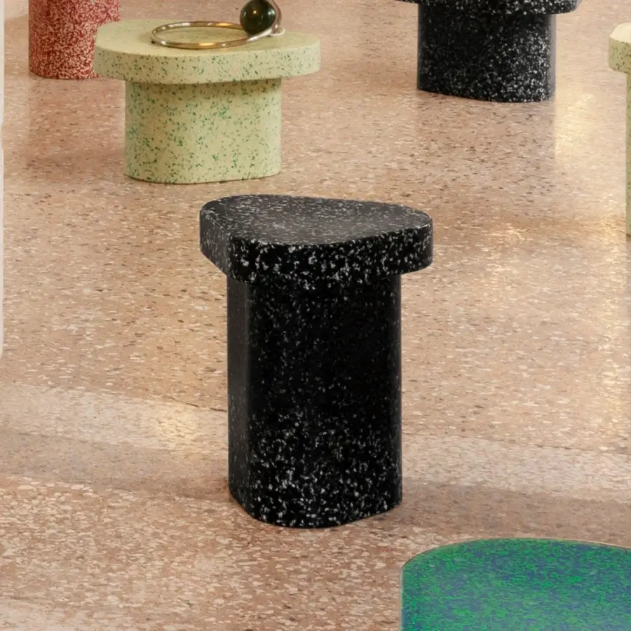 Elegant Miniforms Superpop side table in recycled polyethylene with speckled texture and matte black finish