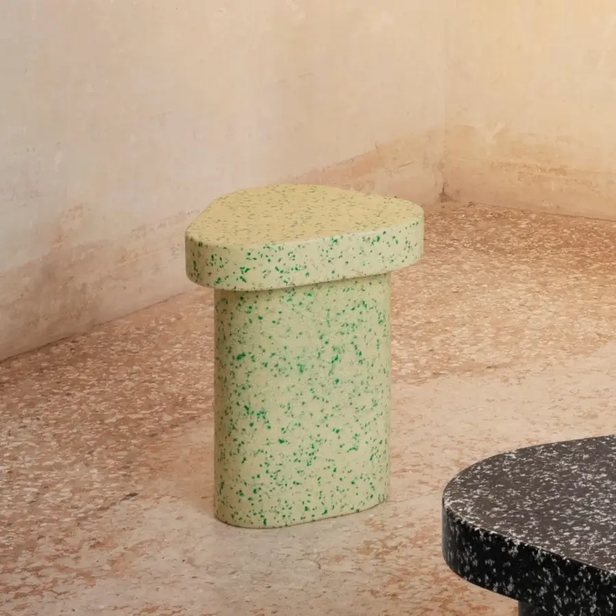 Innovative Miniforms Superpop side table in speckled, light yellow-green recycled polyethylene with a minimalist finish