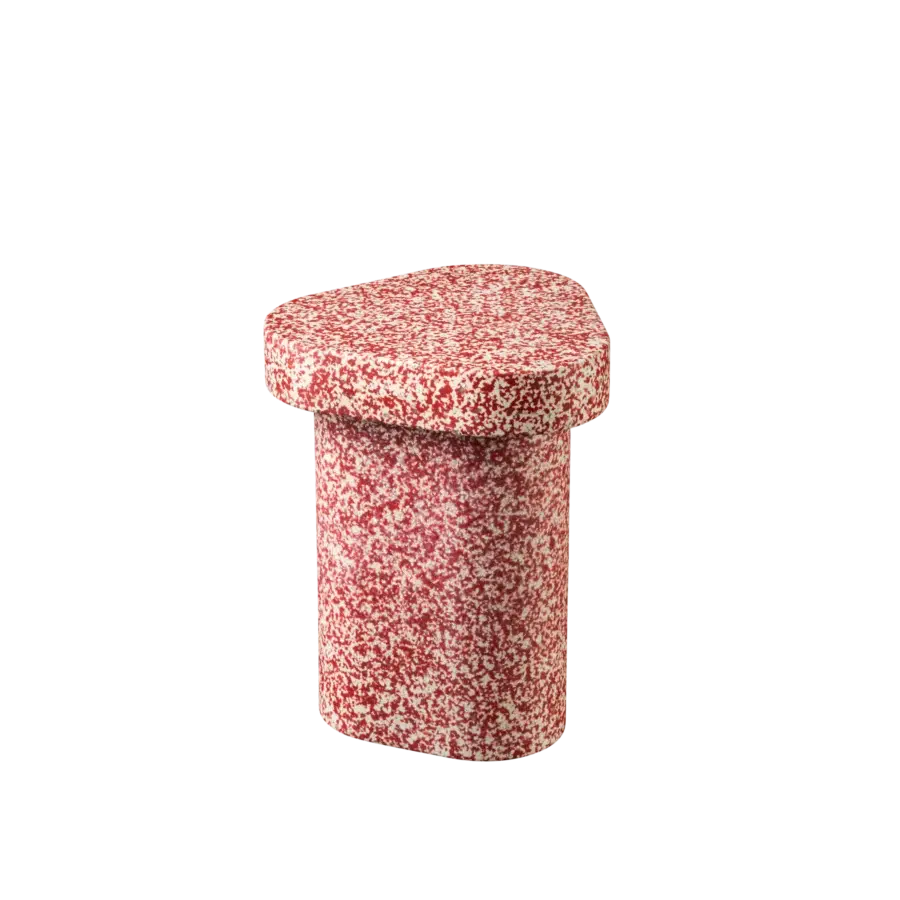 Superior Miniforms Superpop side table crafted in speckled red and white recycled polyethylene with an irregular top
