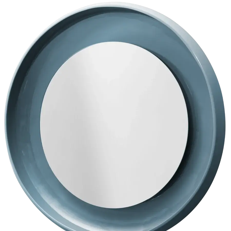 Exceptional Miniforms Coque mirror with a glossy, muted blue-gray frame and shiny enamelled inner surface