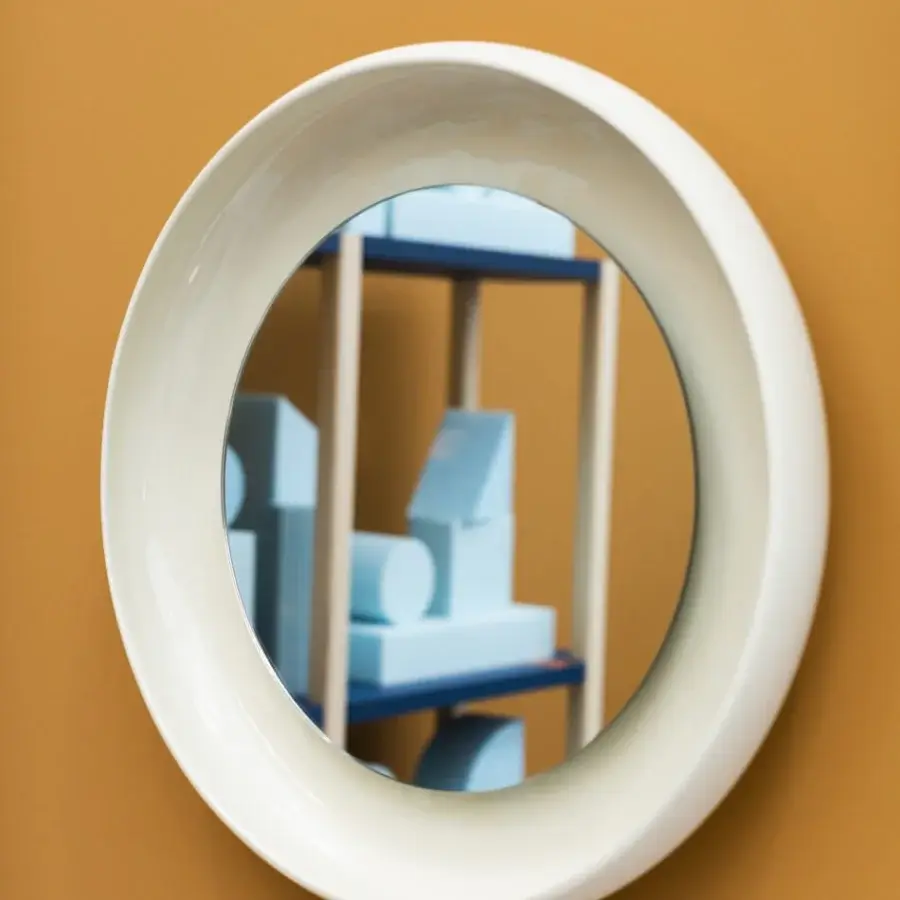 Exceptional Miniforms Coque mirror with glossy off-white frame, textured skin and shiny enamelled surface