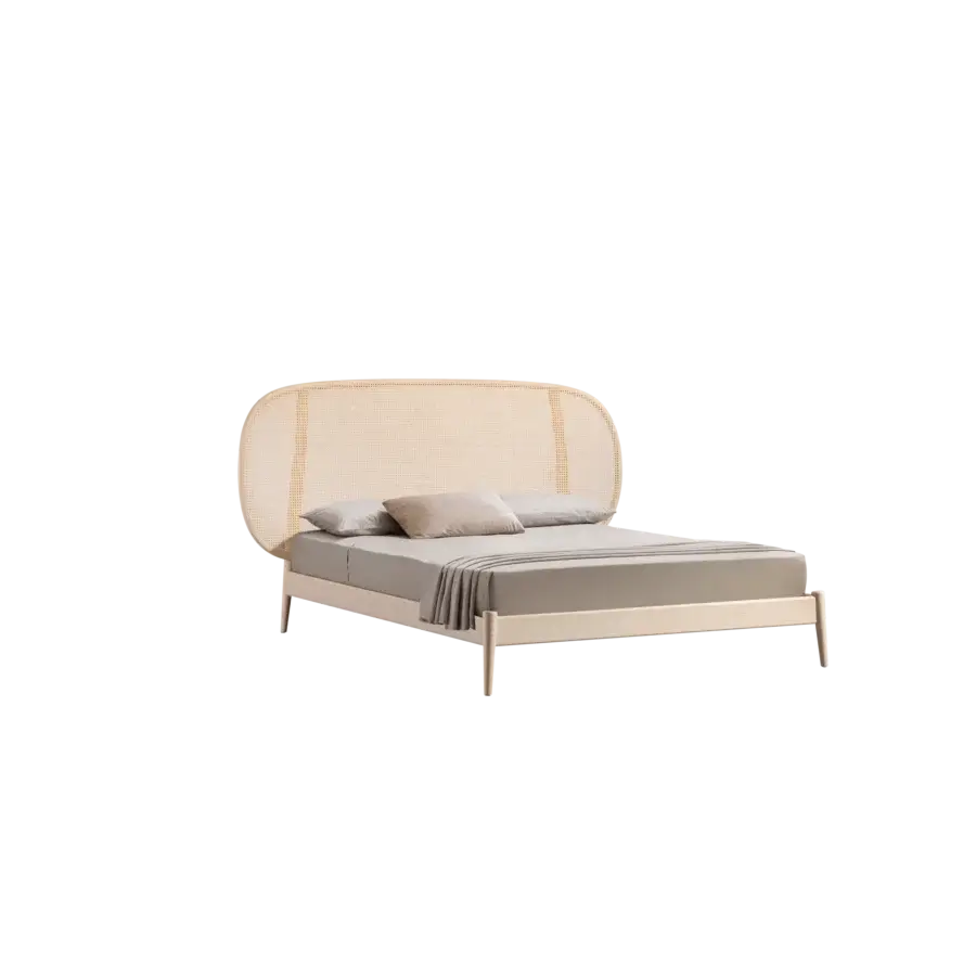 Superior Miniforms Shiko Wien bed with woven headboard and matte wood frame, built in a light natural tone