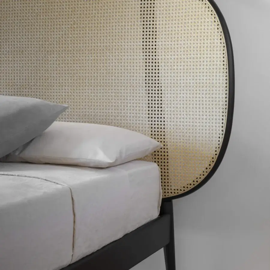 Exceptional Miniforms Shiko Wien bed with dark-toned frame, crisp white mattress and rattan weave headboard built in Italy