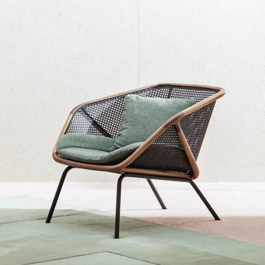 Exceptional Miniforms Colony lounge chair with light brown wood, dark woven Viennese straw and contrasting green cushions