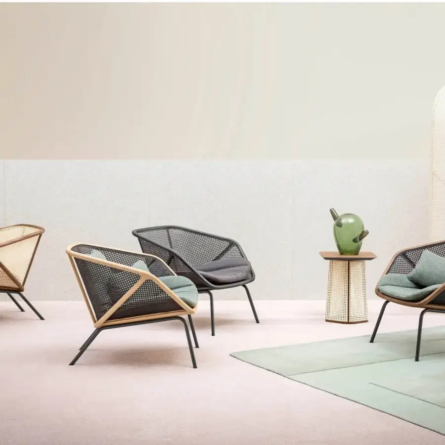 Superior Miniforms Colony lounge chair with natural wood, woven Viennese straw and light gray cushion