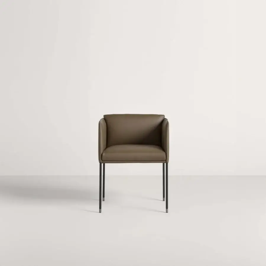 Distinguished Frag armchair with sleek metal legs and smooth olive-green leather upholstery crafted in Italy