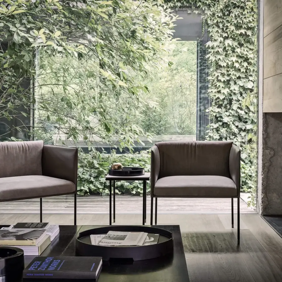 Exceptional Frag Square lounge chair upholstered in muted gray-brown textile with dark-finished slender metal legs