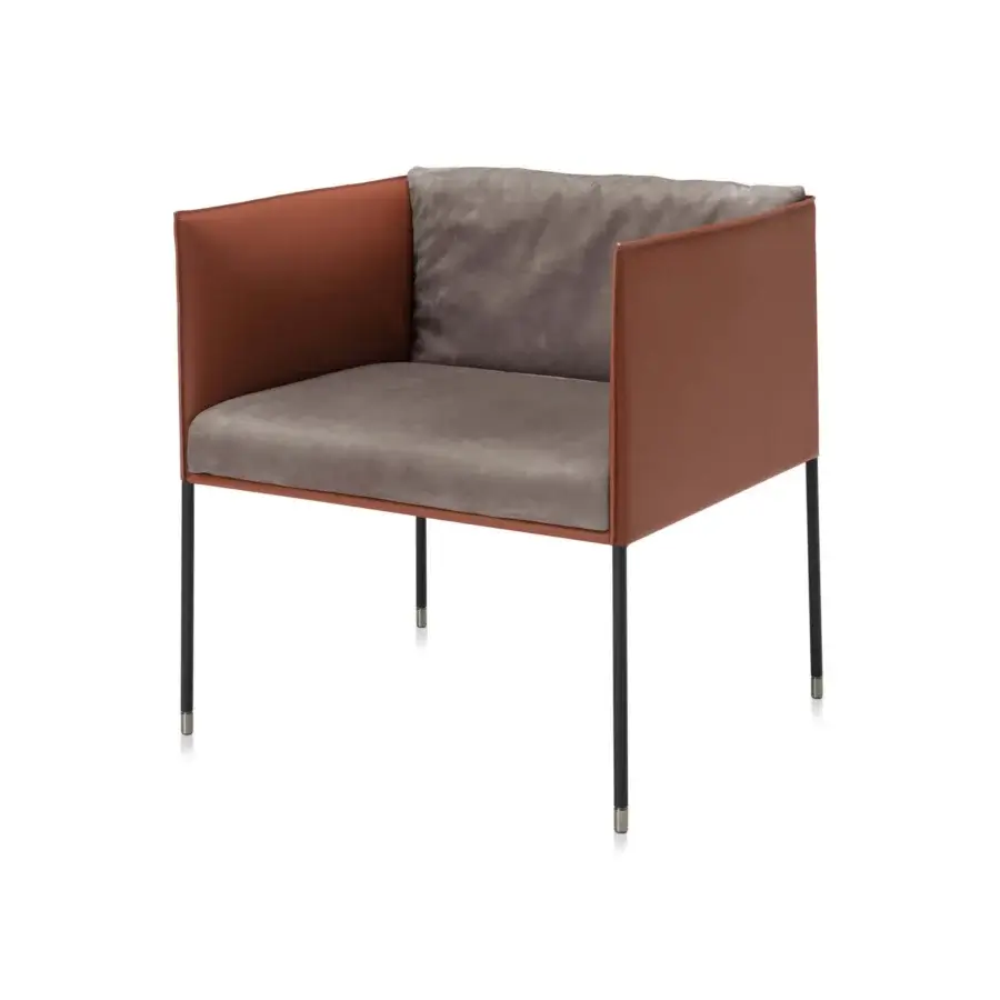 Distinguished Frag Square lounge chair with reddish-brown saddle leather and soft grey textile upholstery, built with slender black metal legs