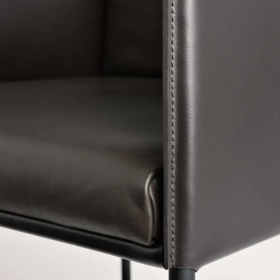 Superior Frag Square stool with smooth dark gray leather and slender metal frame construction