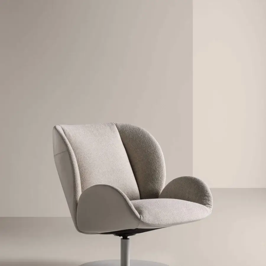 Exceptional Frag Ocean lounge chair in light beige textured textile with a central steel swivel base