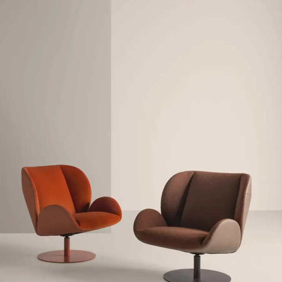 Exceptional Frag Ocean lounge chair with textured brown fabric upholstery and smooth light brown leather shell built with a dark steel swivel base