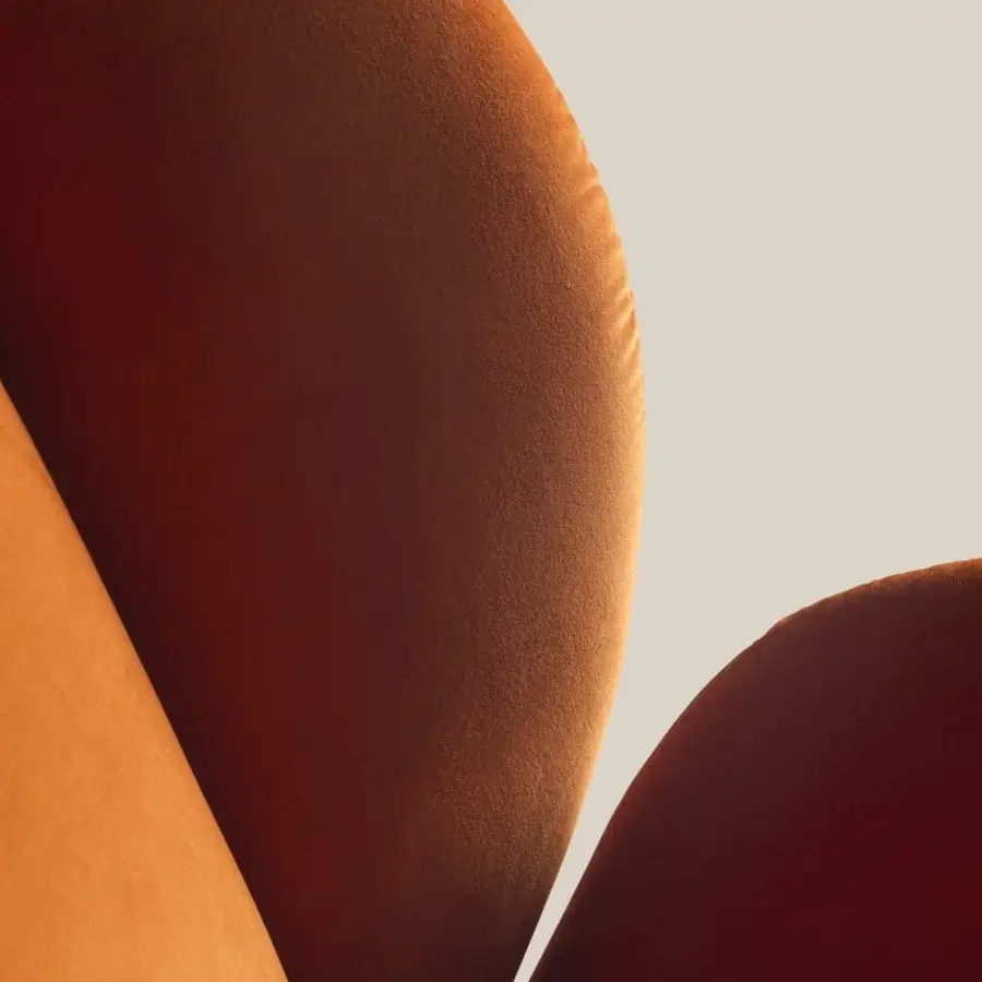 Distinguished Frag Ocean lounge chair with warm orange-brown velvet upholstery and central steel swivel base crafted in Italy