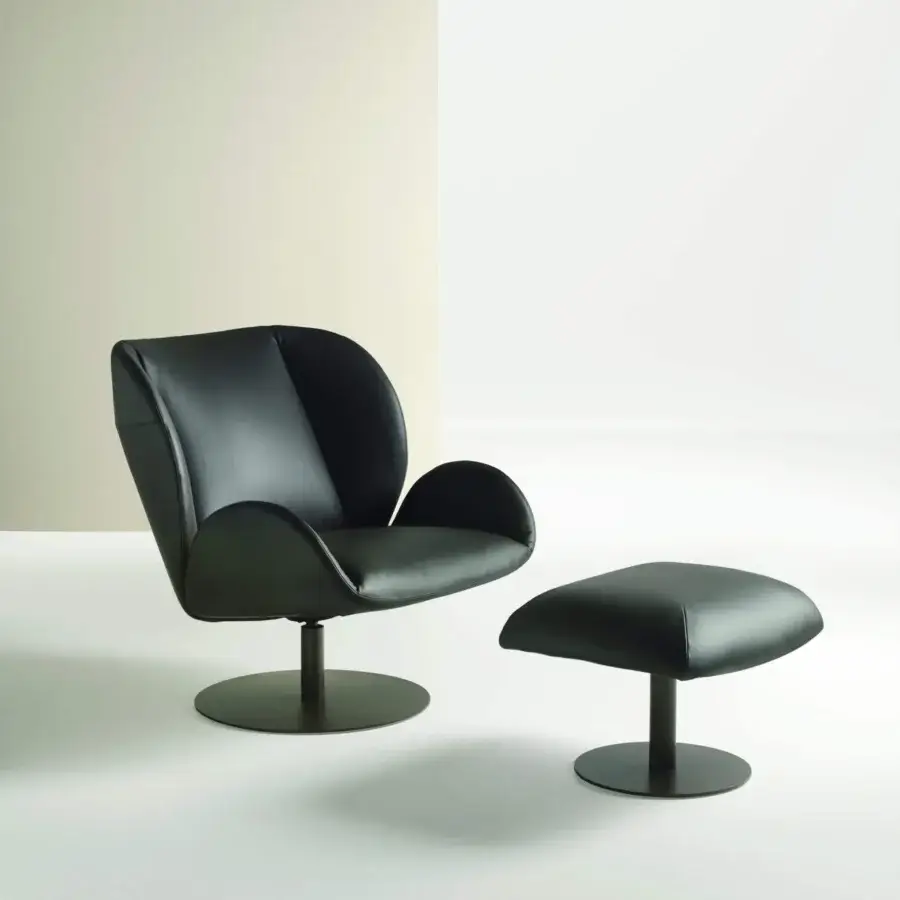 Distinguished Frag Ocean lounge chair in sleek black leather with a central steel swivel base crafted for enveloping comfort