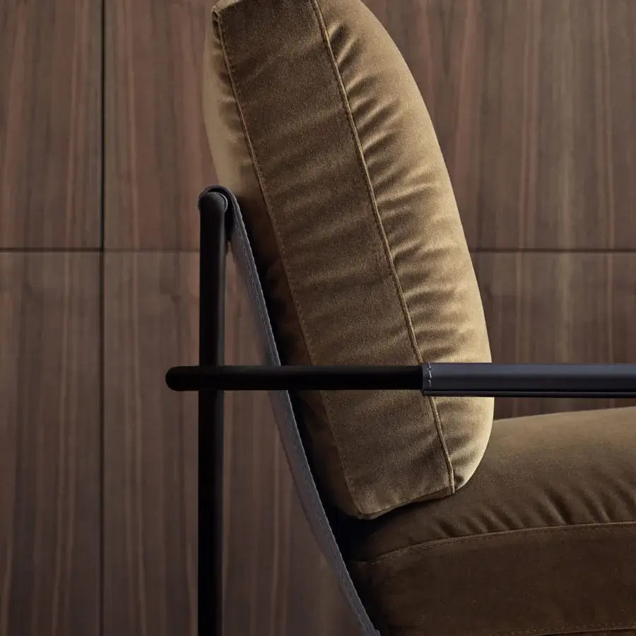 Superior Frag Riviera lounge chair with metal tubing and a hammock-shaped Saddle Leather sling in a dark matte finish