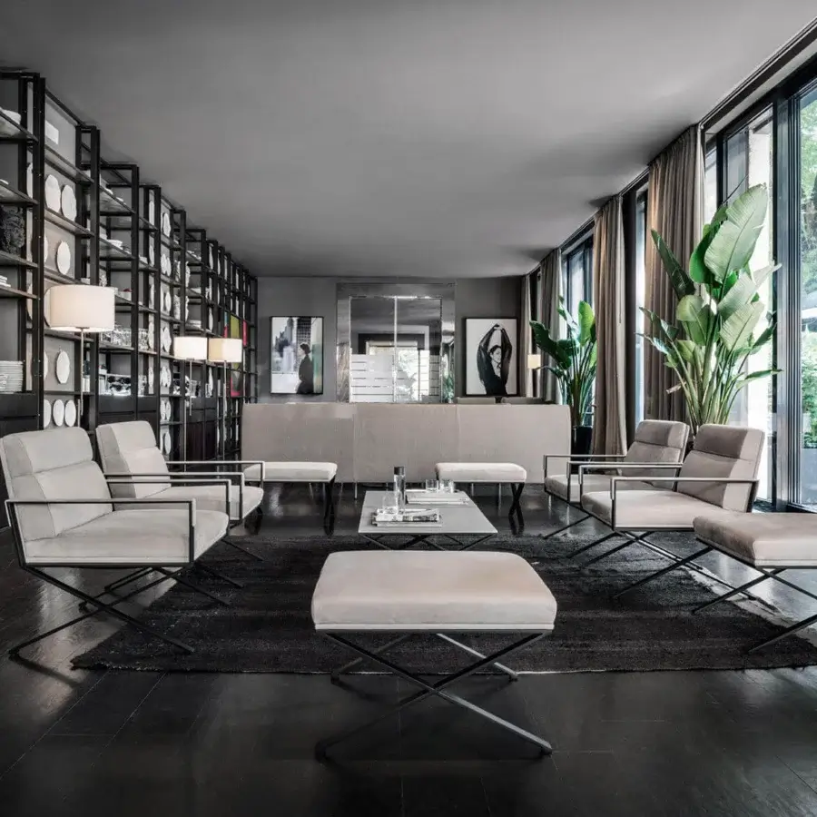 Exceptional Frag Sahrai lounge chair with light beige leather and dark matte metal finish crafted in Italy