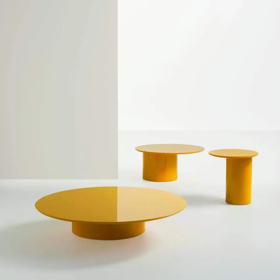 Distinguished Frag Myon coffee tables crafted in Italy with geometric designs and glossy lacquered mustard yellow surfaces