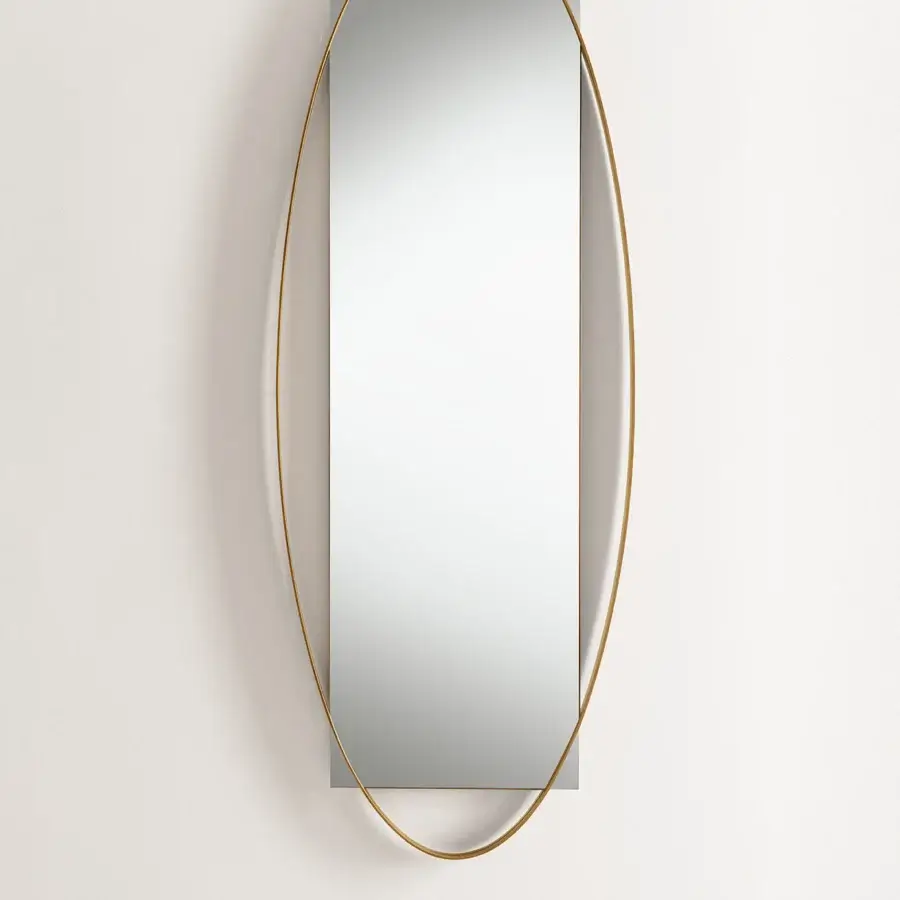 Distinguished Frag Twin Mirror with oval metal frame and rectangular reflective surface in metallic gold sheen and smooth glass finish