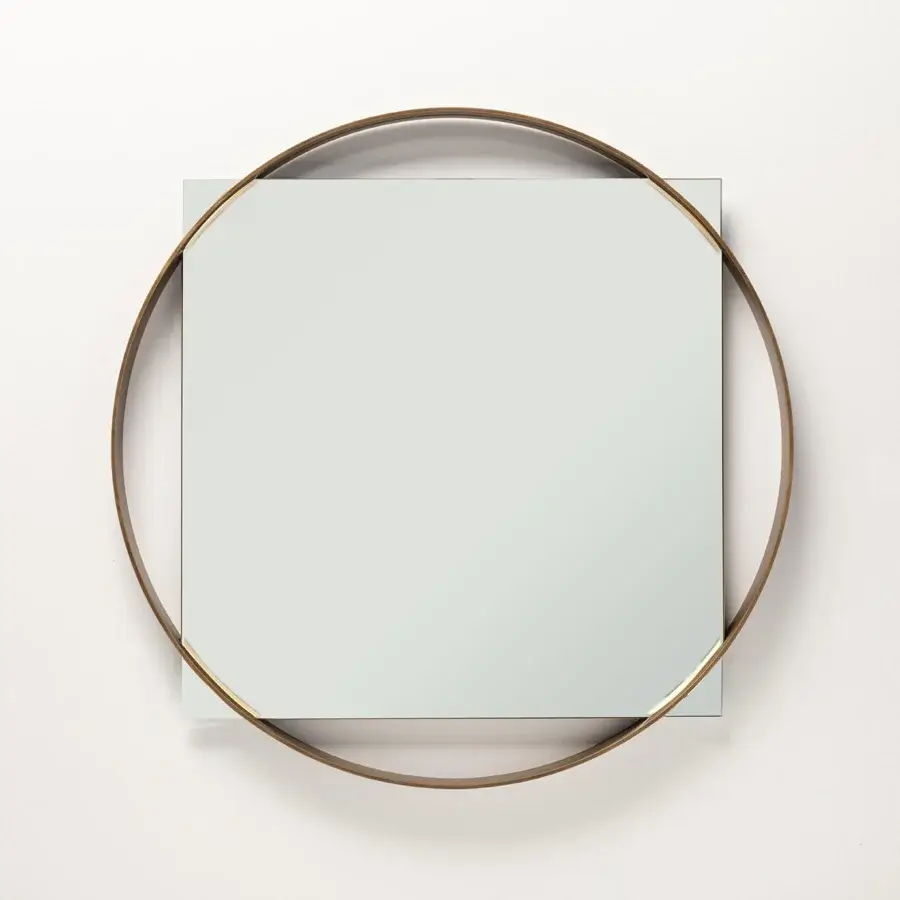 Exceptional Frag Twin Mirror with square reflective surface encased in bronzed metal and thin gold detail