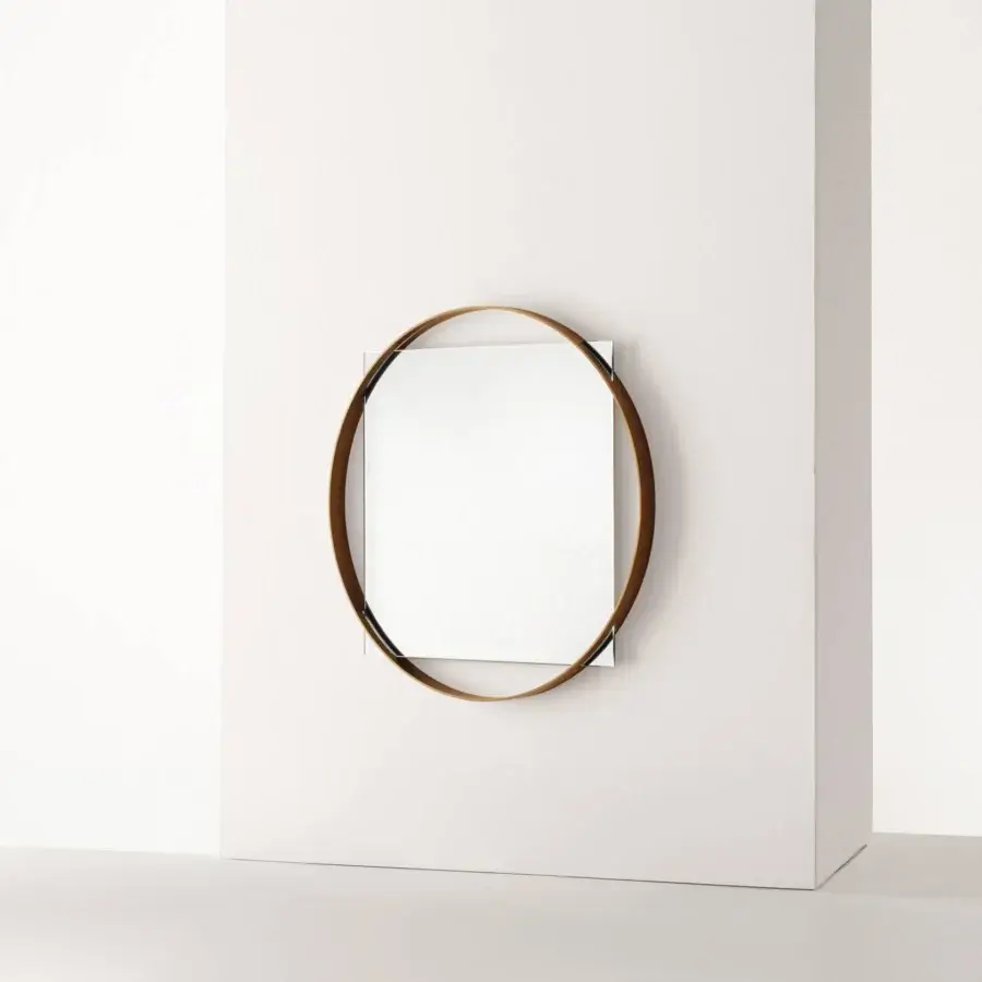 Distinguished Frag Twin Mirror with round wooden frame and square reflective surface in light brown with black accent