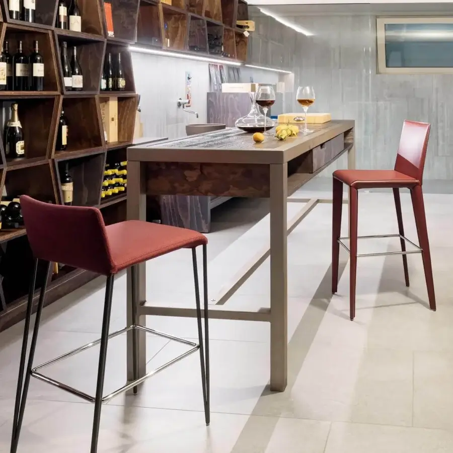 Distinguished Bonaldo Filly Too stool crafted in reddish-brown textile with matte black metal legs and chrome footrest