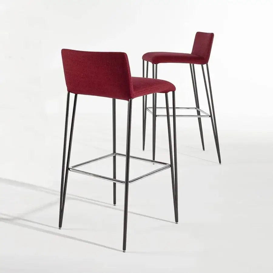 Exceptional Bonaldo Filly Too stool upholstered in vibrant red textile with a chromed scuff plate footrest