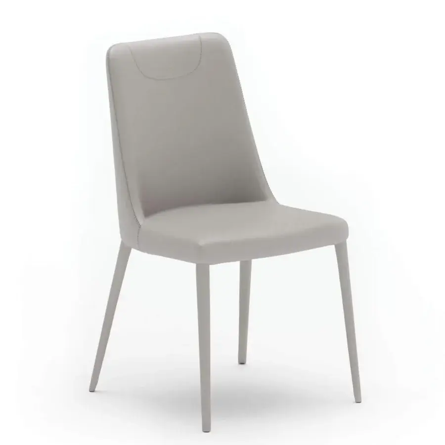 Elegant Ozzio Italia Sofia chair fully upholstered in light gray with fine stitching and sleek cylindrical legs