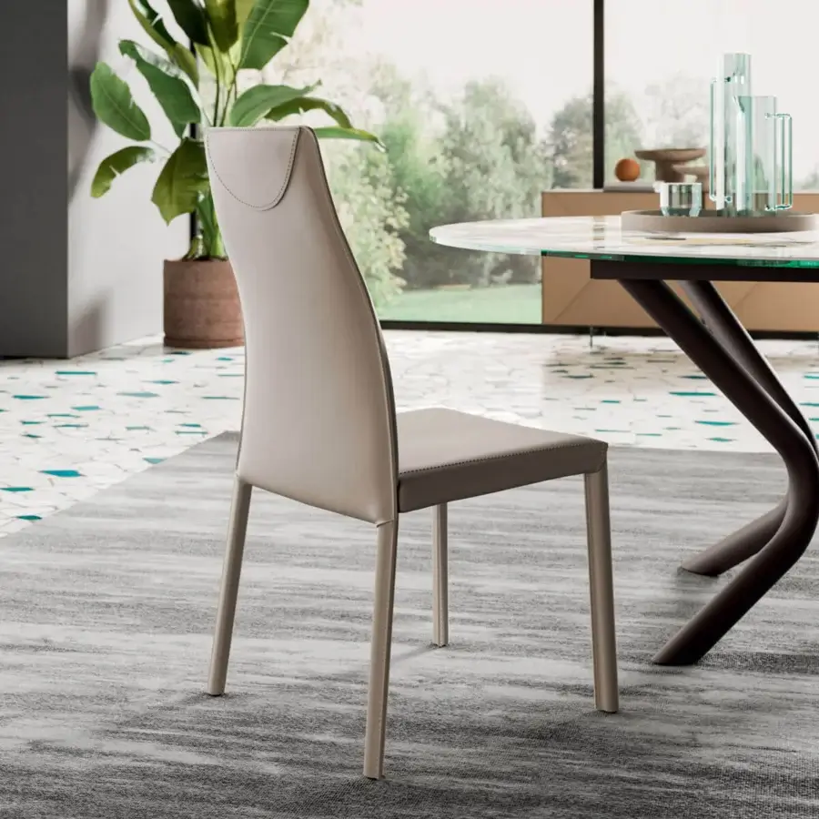 Refined Ozzio Italia Blitz chair with curved upholstered backrest and light grey metal legs crafted in Italy