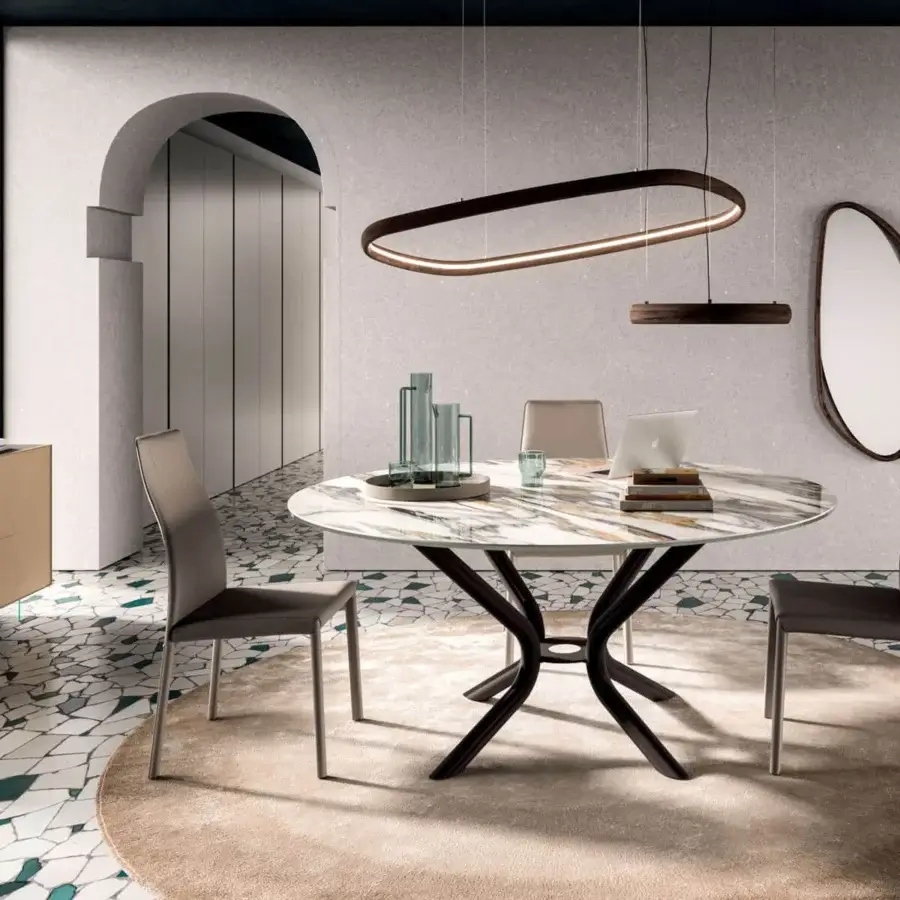 Elegant Ozzio Italia Blitz chair with sinuous back built in neutral gray textile material and inclined rear legs