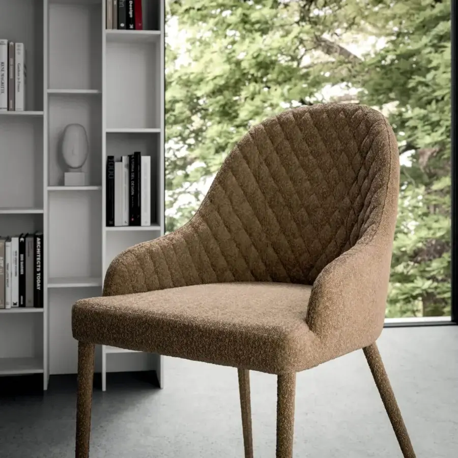 Exceptional Ozzio Italia Betta armchair crafted with quilted warm brown textile and haute couture seams on the back