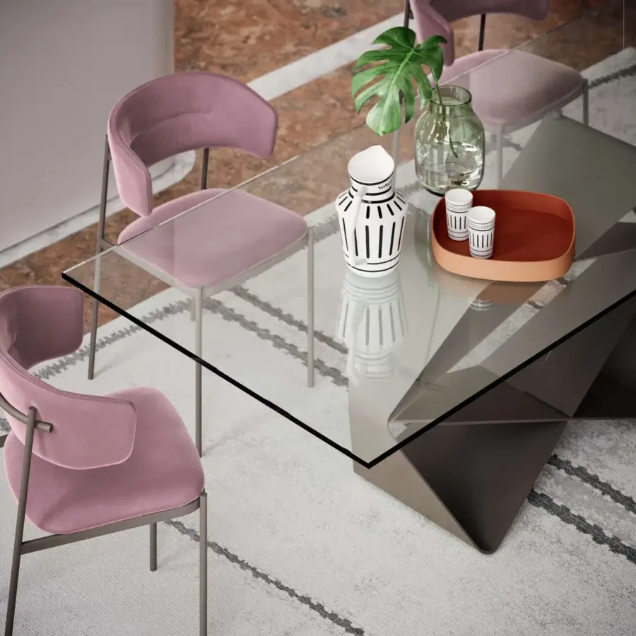 Superior Ozzio Italia Ego chair with muted pink textile upholstery and matte painted metal structure