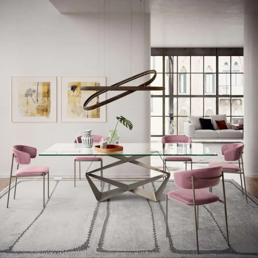 Refined Ozzio Italia Ego chair with pink textile seat and backrest in painted metal structure