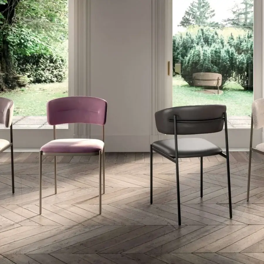 Distinguished Ozzio Italia Ego chair with painted metal frame and soft light beige textile upholstery for refined comfort