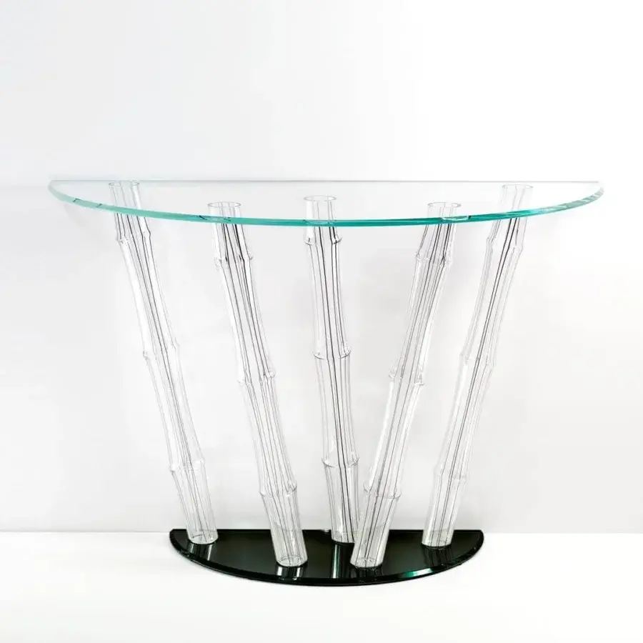 Distinguished Reflex Bamboo console with extra clear glass tabletop and glossy black bamboo-shaped tube supports