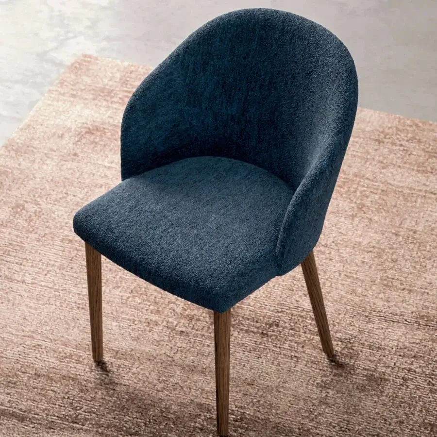 Distinguished Ozzio Italia Zico armchair with light wooden structure and enveloping padded seat in textured matte dark blue textile