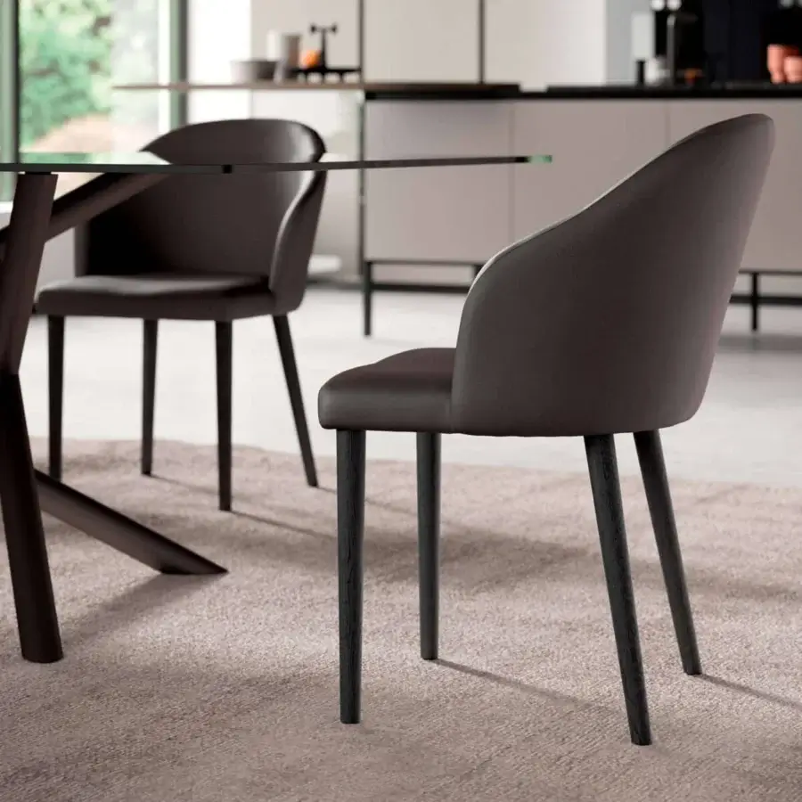 Handcrafted Ozzio Italia Zico armchair with dark brown textile upholstery and smooth wood legs