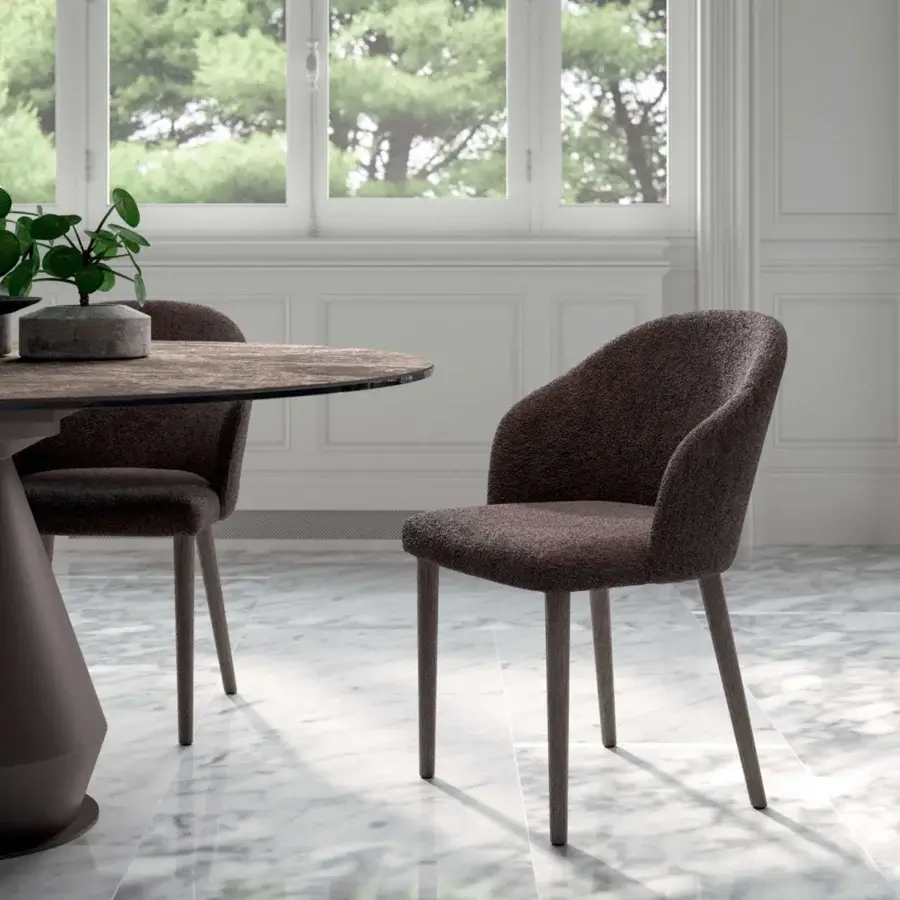 Superior Ozzio Italia Zico armchair with dark brown curved silhouette and light wooden structure