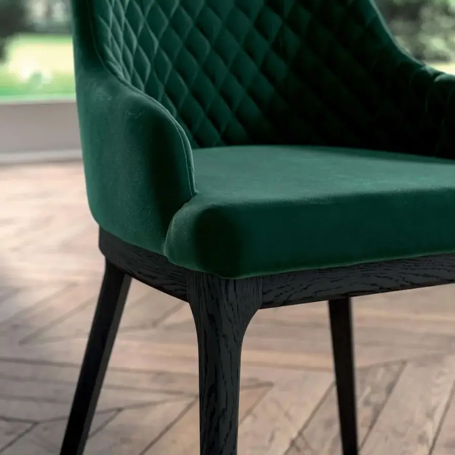 Superior Ozzio Italia Thelma armchair with wrapping backrest and ergonomic seat in deep green textile with wooden structure