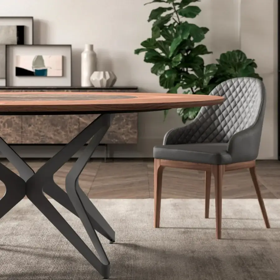 Distinguished Ozzio Italia Thelma armchair with wrapping backrest and ergonomic seat in dark gray synthetic upholstery with matte wood