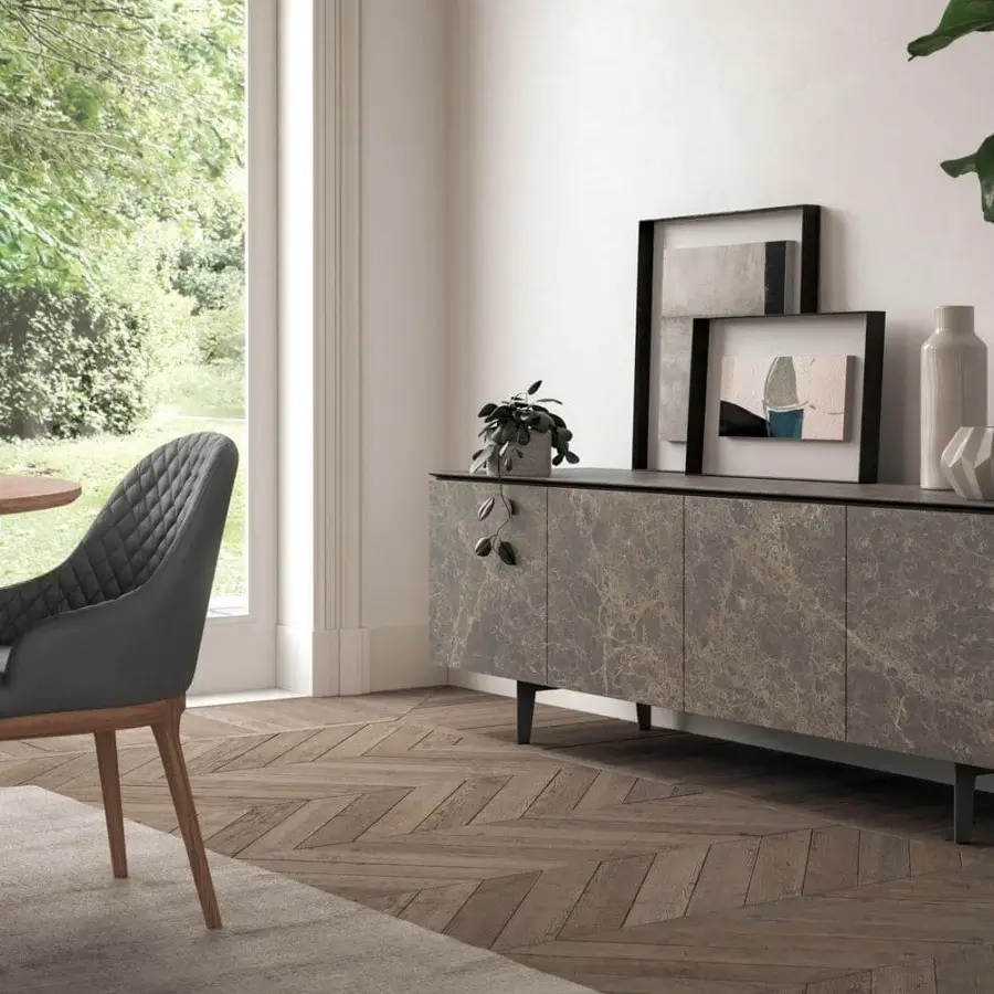 Distinguished Ozzio Italia Thelma armchair with dark gray quilted textile and natural wood tone legs built with ergonomic design
